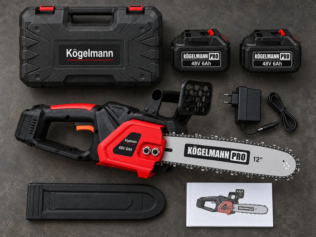 Комплект Kögelmann Pro: пила, два акумулятори 48 В, кейс, зарядний пристрій, чохол для шини та інструкція